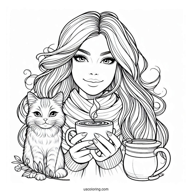 Woman Holding Cup Of Coffee Coloring Pages And Cat