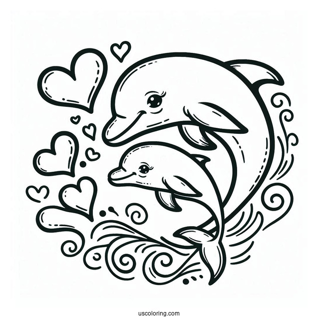 Mother And Baby Dolphin With Love Hearts