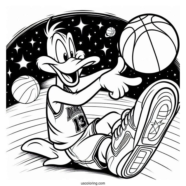 Daffy Duck Aiming Basketball Coloring Sheet