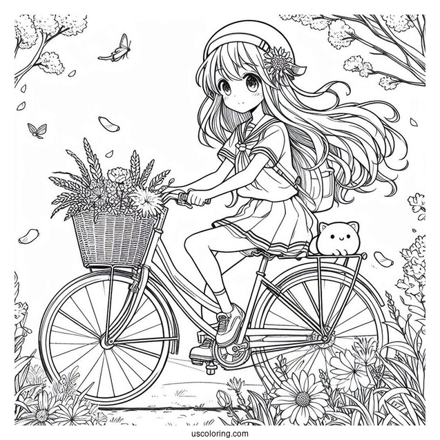 Anime Girl Riding Bicycle Coloring Page