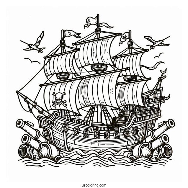 Coloring Page Of Pirate Ship With Multiple Canons