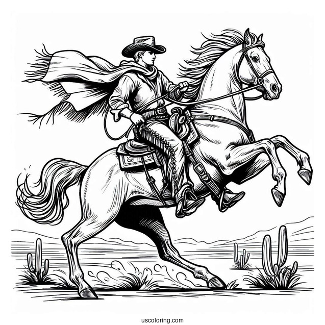 Cowboy Coloring Page Rearing A Horse