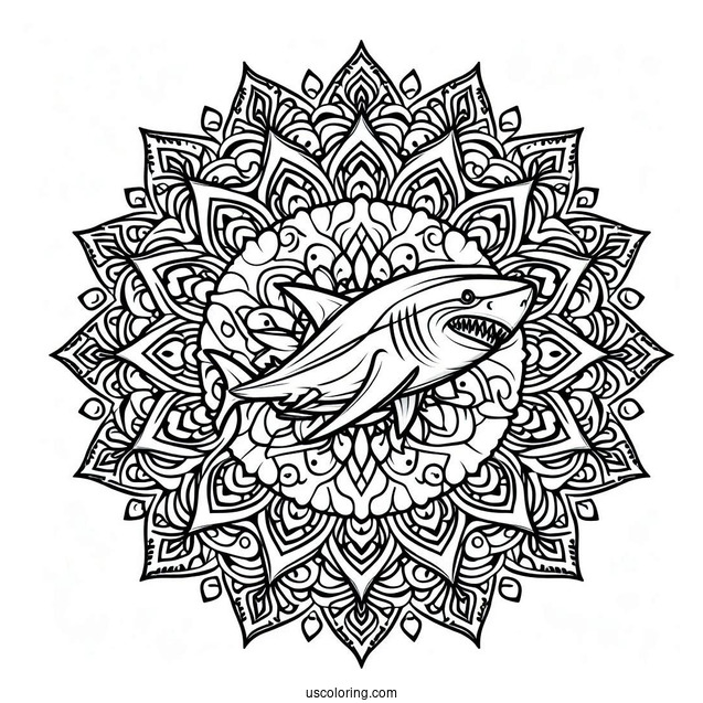 Mandala With Shark Coloring Page Outline