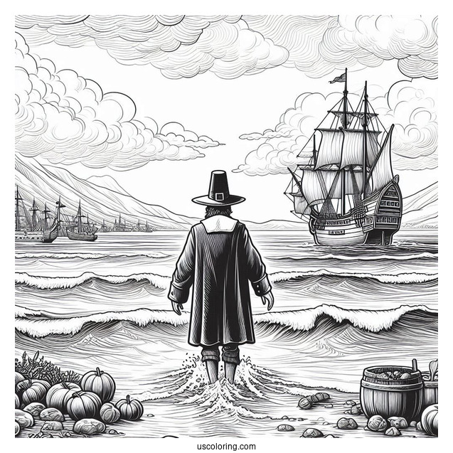 Realistic Pilgrim Coloring Page On The Shore With Ship In The Background