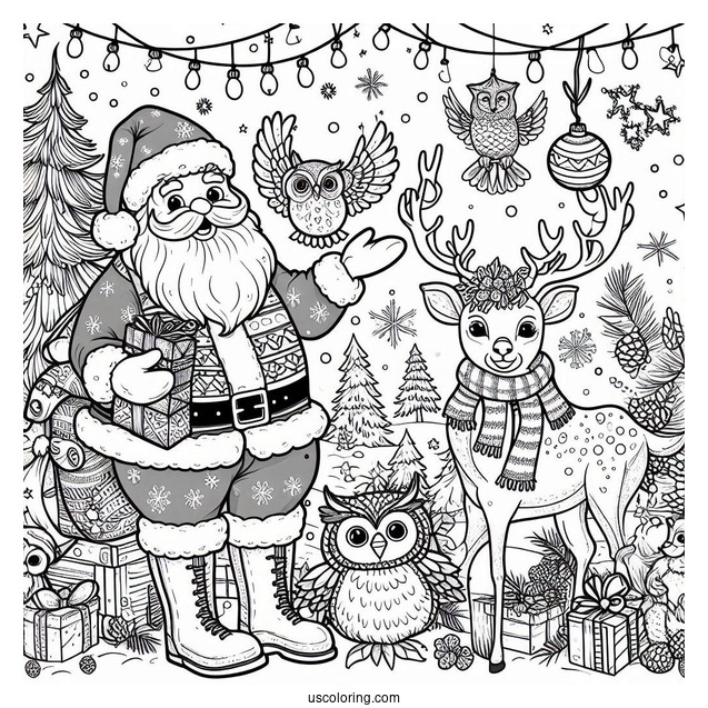 Christmas Coloring Pages For Adults Of Santa Claus Outdoors With Owls, Deer, Birds, And Squirrels