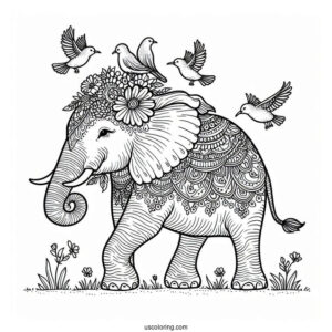 Majestic Elephant With Birds On Head Coloring Page
