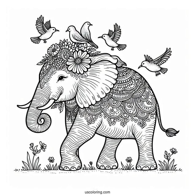 Majestic Elephant With Birds On Head Coloring Page