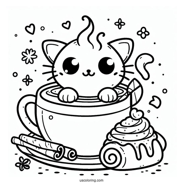 Kawaii Cat In Coffee Coloring Pages Cup With Whipped Cream And Cinnamon Rolls