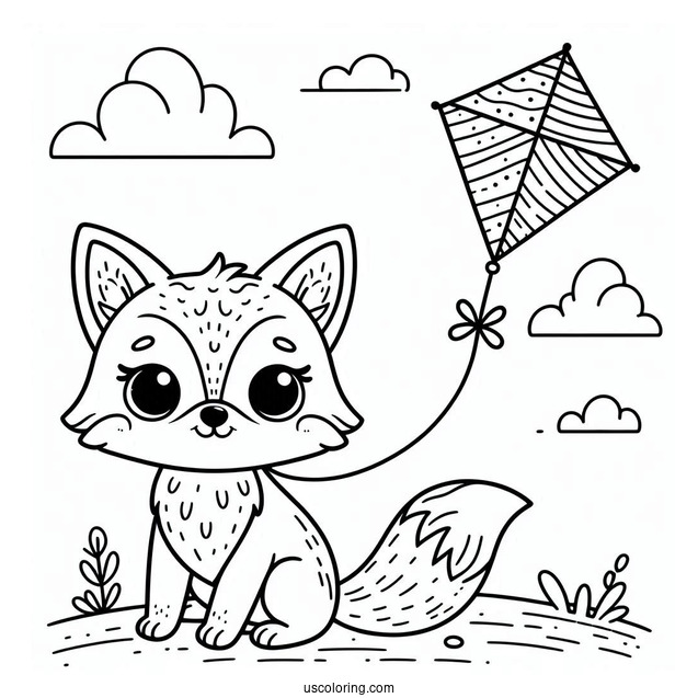 Small Fox Flying A Kite Coloring Page For Preschoolers