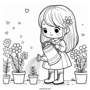 Cute Girl Watering Spring Coloring Page Flowers For Preschoolers