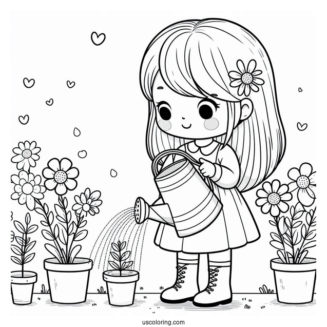 Cute Girl Watering Spring Coloring Page Flowers For Preschoolers