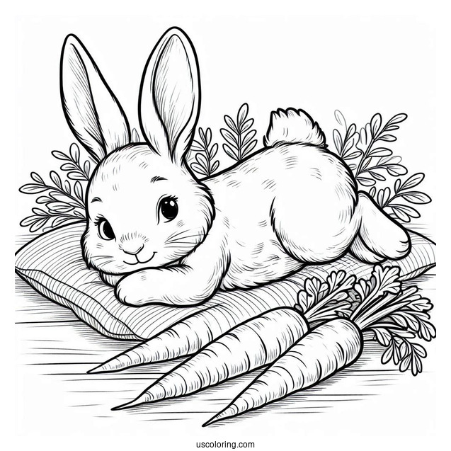 Peter Rabbit Coloring Page Lying On A Bed Of Carrots