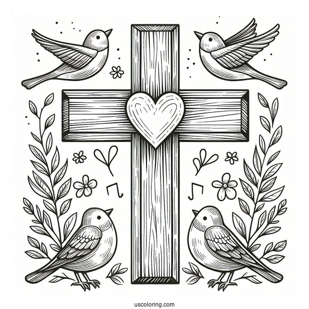 Wooden Easter Cross With Love Heart And Birds