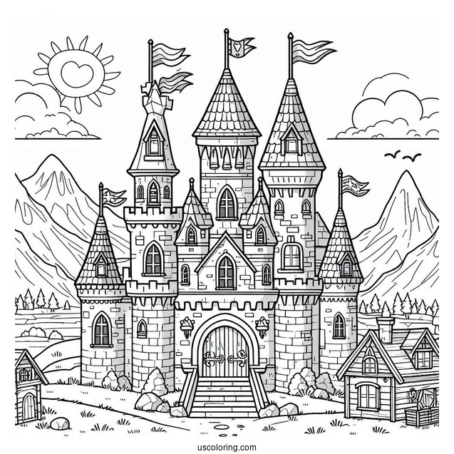 Castle Coloring Page With Flags In A Village For Kids