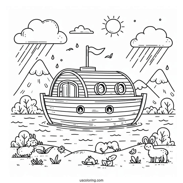 Cute Cartoon Noah's Ark Coloring Page For Kids