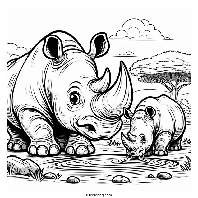 Angry Looking Rhino Next To Watering Hole