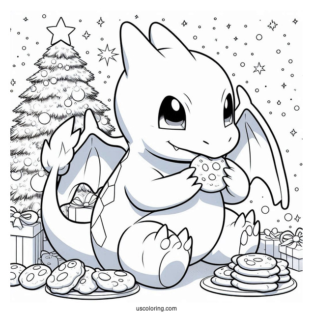 Pokemon Christmas Coloring Page Charizard Eating Cookies In Front Of Christmas Tree