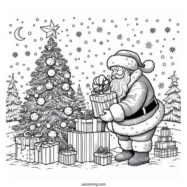 Santa Putting Gifts Under The Tree While Snowing