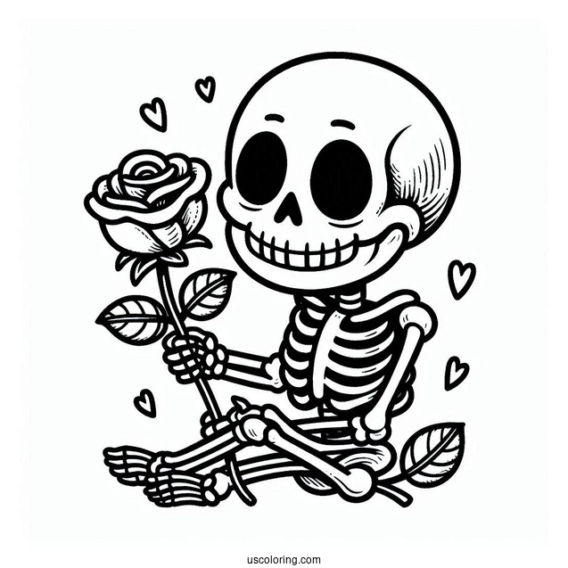 Happy Skeleton Coloring Page Holding Rose