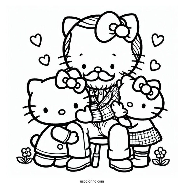 Hello Kitty And Mimmy Hugging George Papa White On Father's Day Coloring Page