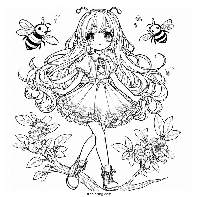Anime Girl Bee Coloring Page Walking On A Tree Branch