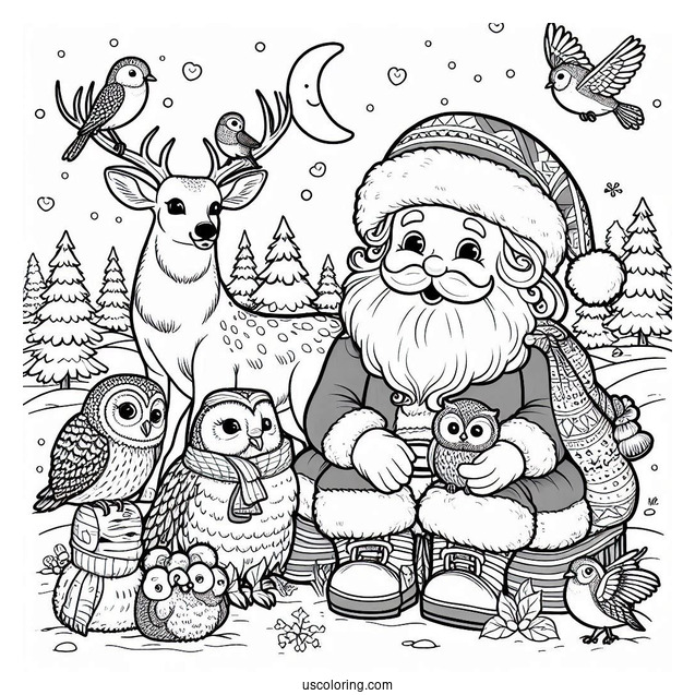 Christmas Coloring Pages For Adults Of Santa Claus Outdoors With Owls, Deer, Birds, And Squirrels