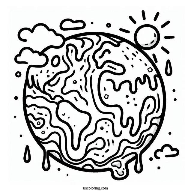 Earth Melting From Rising Temperature Coloring Page For Kids