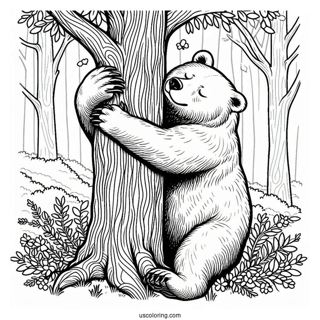 Adult Bear Coloring Page Rubbing Back On Tree