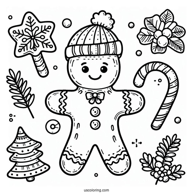 Gingerbread Man Holding Candy Cane Coloring Page
