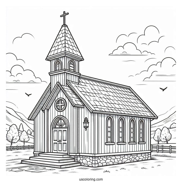 Angled View Of A Small Church Coloring Page Building