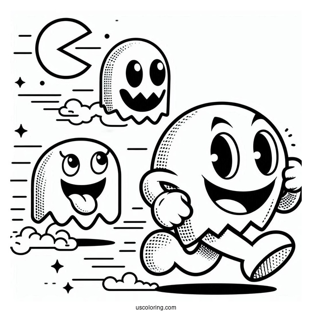 Blinky And Clyde Ghosts Chasing Pac-Man Coloring Page