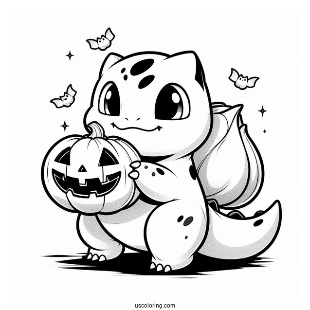 Bulbasaur Coloring Page Carrying Jack O Lantern On Halloween