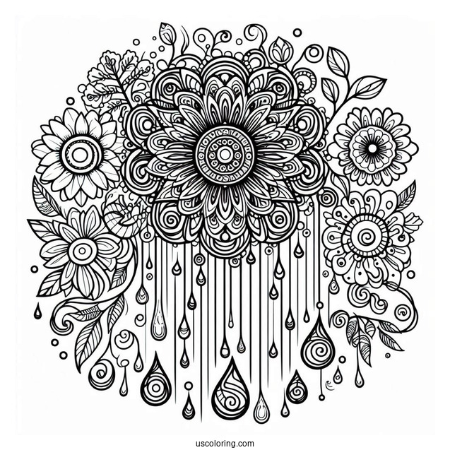 Trippy Rain Coloring Page And Flowers Art