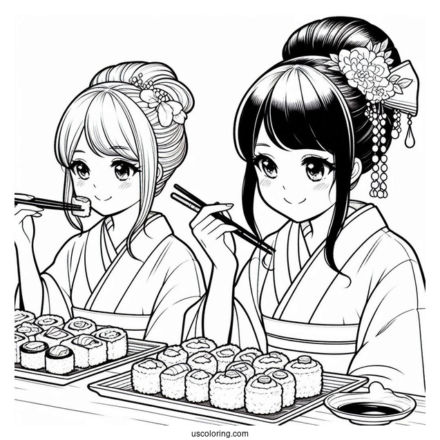 Japanese Women Eating Sushi Coloring Pages