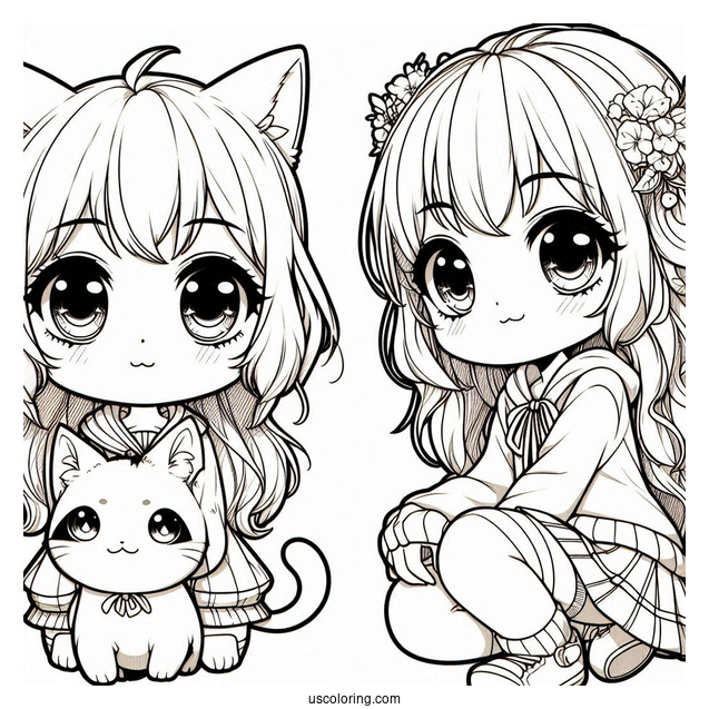 Curious Chibi Girl With Her Cat