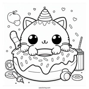 Cute Coloring Page Adorable Cat With A Giant Donut