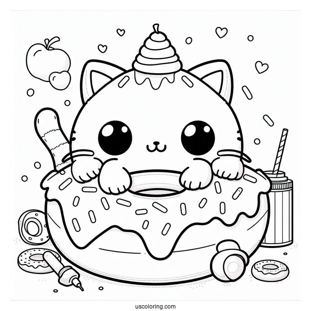 Cute Coloring Page Adorable Cat With A Giant Donut