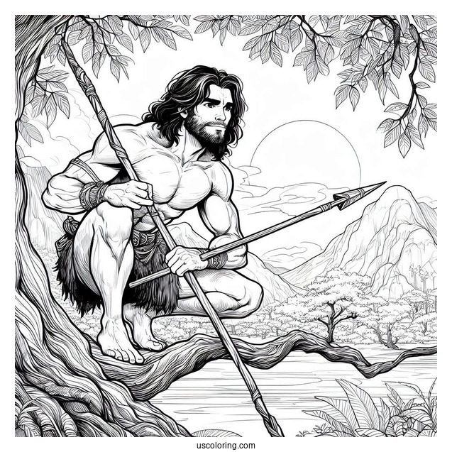Tarzan Coloring Page Holding Spear While Crouched On Tree Branch