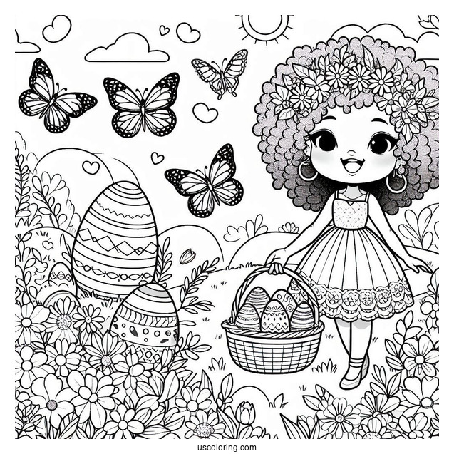 Happy Easter Coloring Page In Garden With Butterflies For Kids
