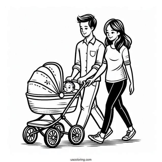 Mother And Father Walking Baby Coloring Page In Stroller