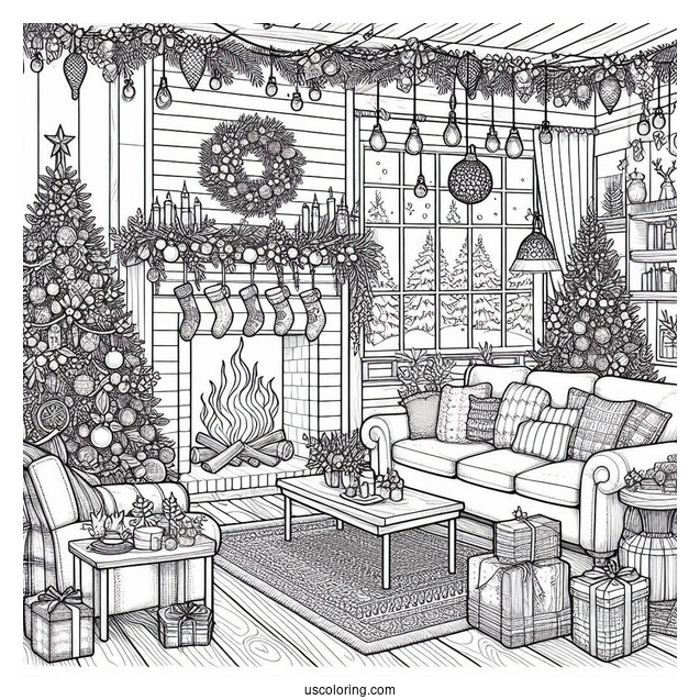 Christmas Coloring Pages For Adults Of Detailed Cozy Christmas Living Room