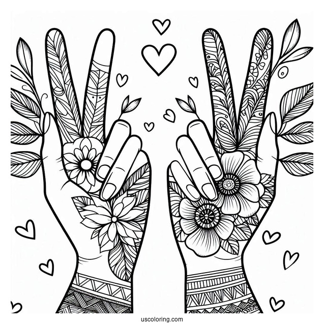 Easy Hands Holding Up A Floral Peace Coloring Page