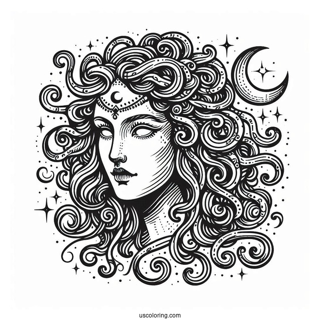 Detailed Medusa Coloring Page Head With Crescent Moon On Forehead