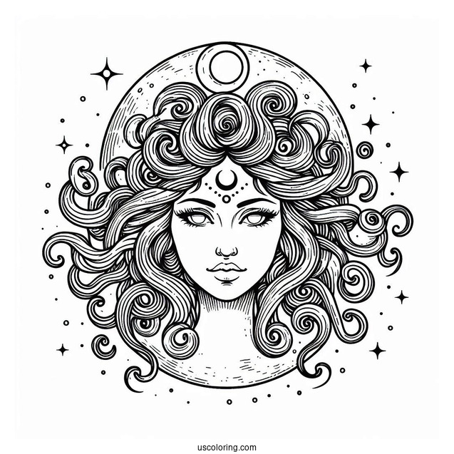 Detailed Medusa Coloring Page Head With Crescent Moon On Forehead