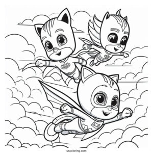 PJ Masks Coloring Page Of Catboy, Gekko, And Oweltte Flying In The Sky