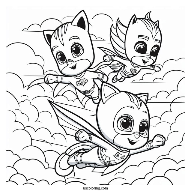 PJ Masks Coloring Page Of Catboy, Gekko, And Oweltte Flying In The Sky