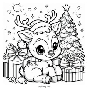Cute Rudolph Coloring Page Sitting With Christmas Presents For Kids
