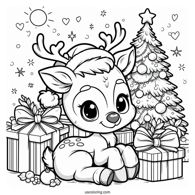 Cute Rudolph Coloring Page Sitting With Christmas Presents For Kids