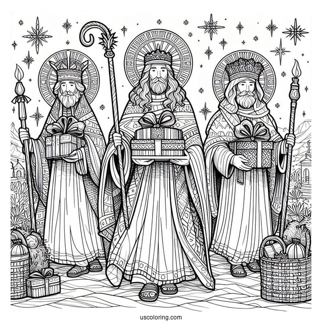 Nativity Coloring Page Of Three Kings Carrying Gifts For Jesus