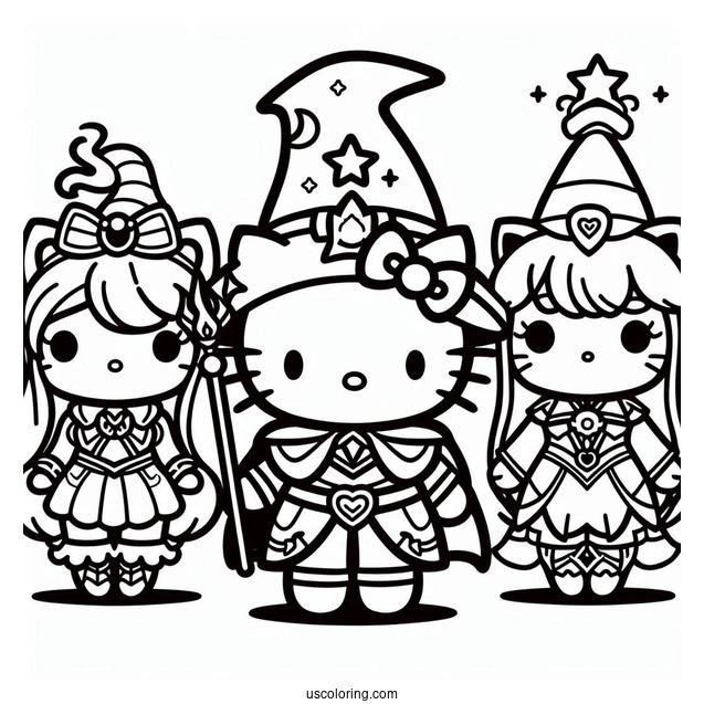 Sanrio Coloring Pages Of Hello Kitty Knight, Sorcerer My Melody, And Witch Kuromi